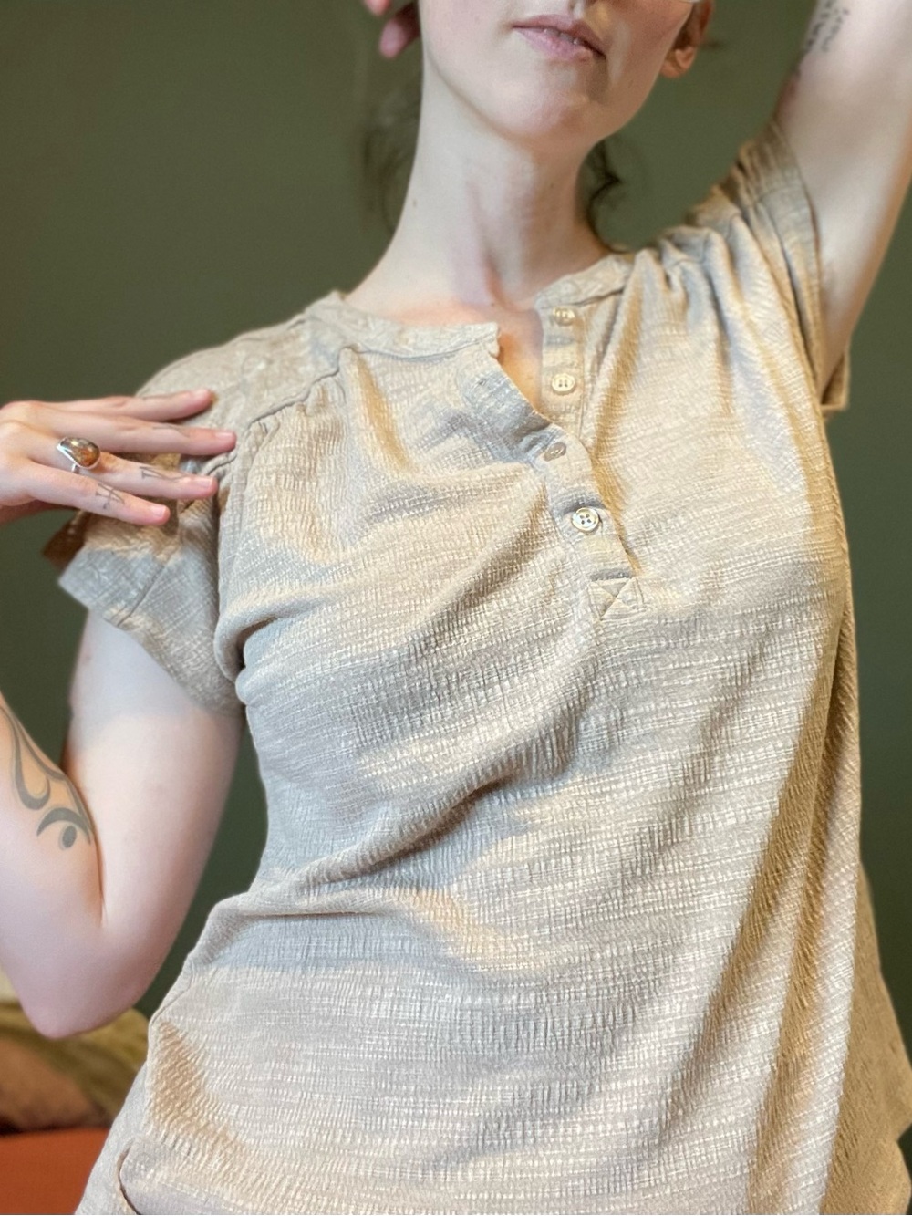 Beige Textured Short-Sleeve Henley Top